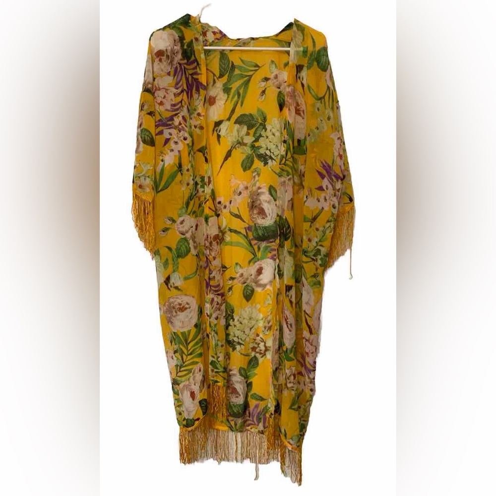 Women’s Yellow Floral Open Front Boho  Hippie Fribged Kimono Cover Up M